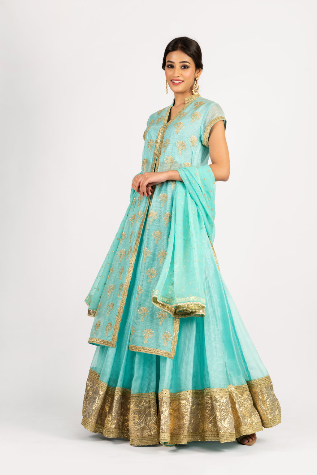Kota Silk Long Tunic Embroidered Lehenga and Chiffon Dupatta - Aqua