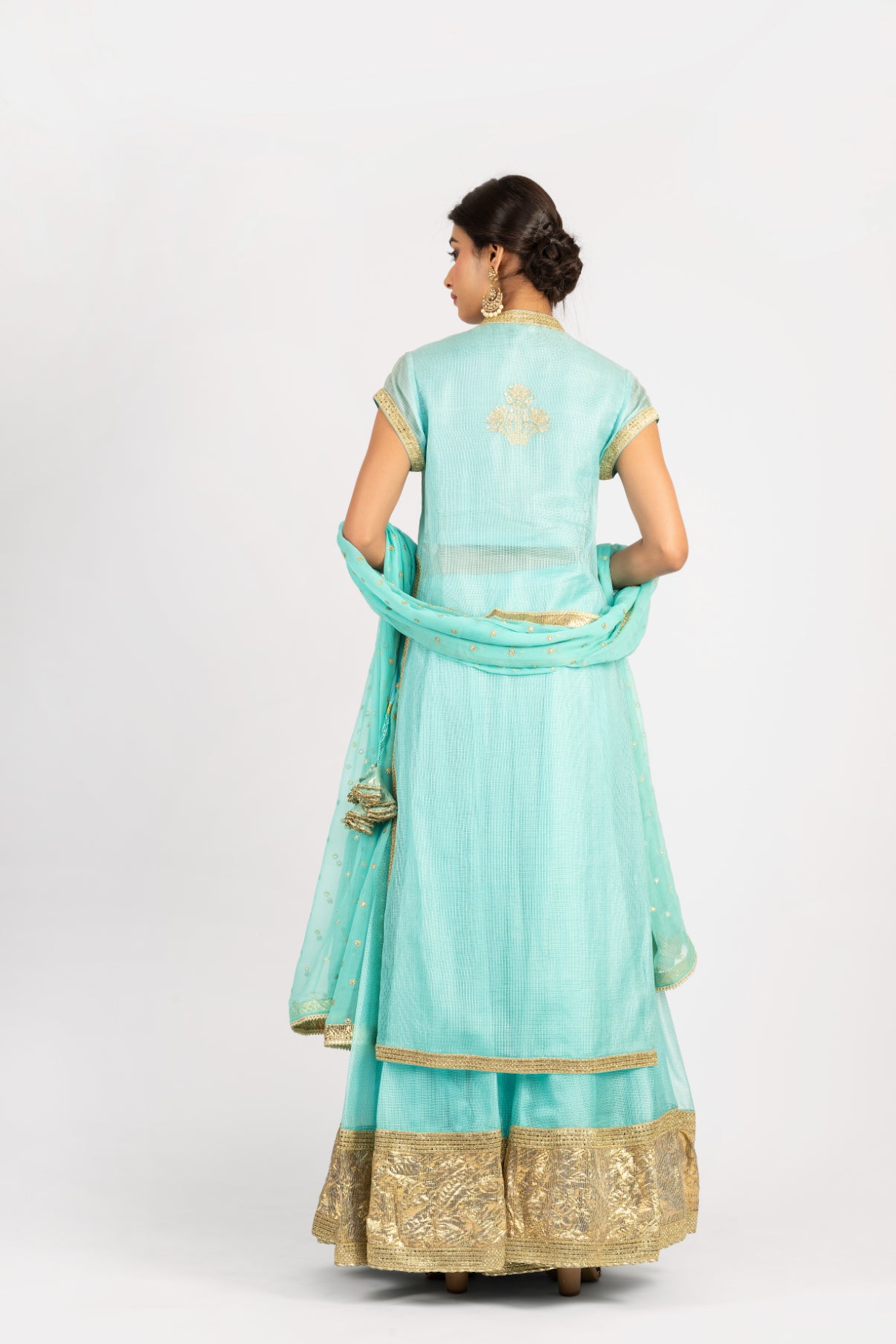Kota Silk Long Tunic Embroidered Lehenga and Chiffon Dupatta - Aqua