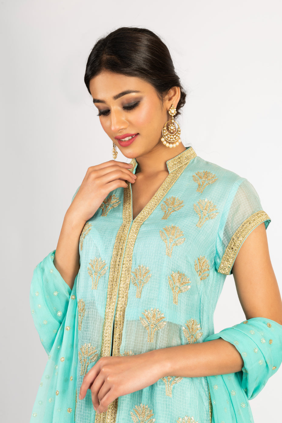 Kota Silk Long Tunic Embroidered Lehenga and Chiffon Dupatta - Aqua