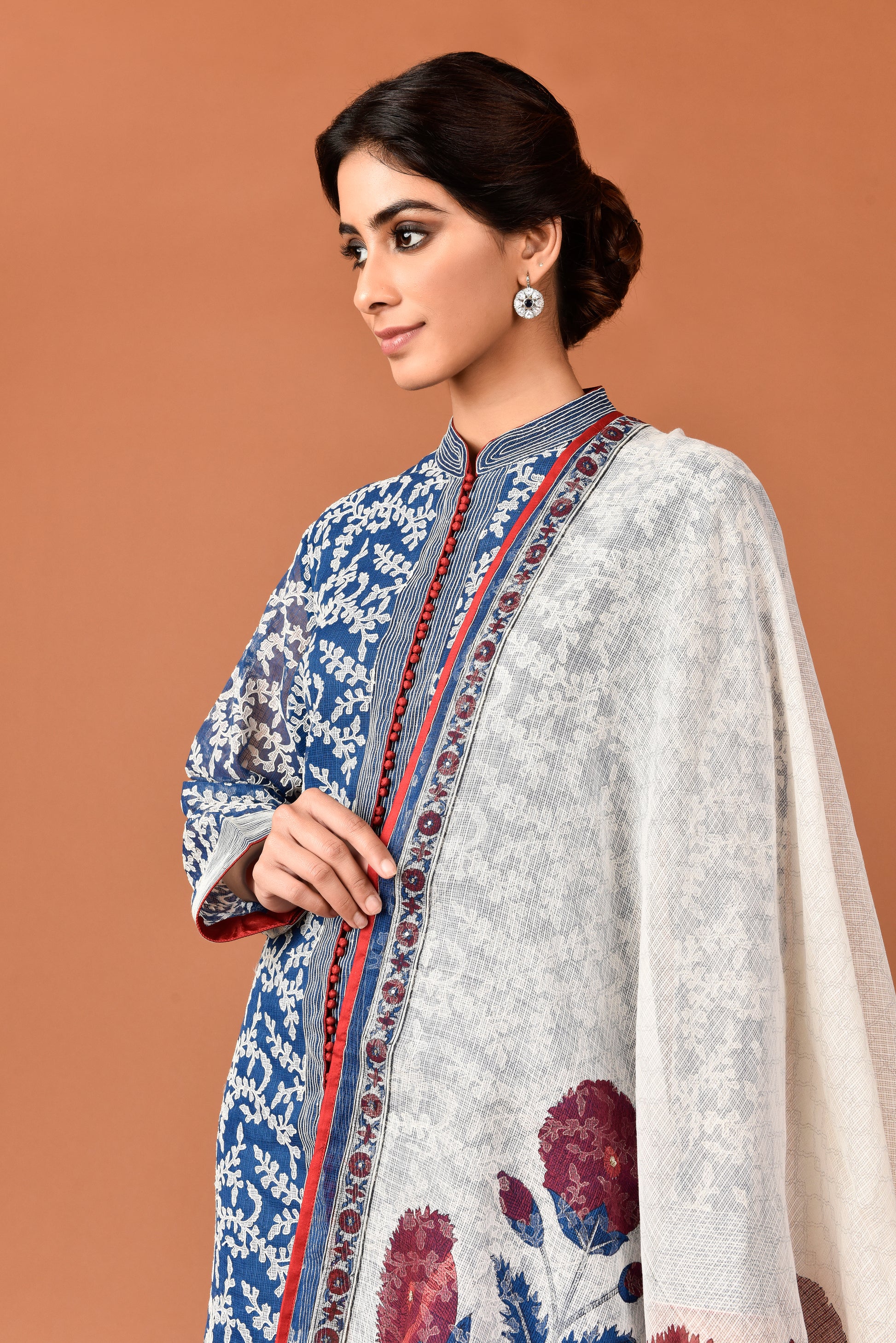 Banarasi Kota Gadh Print Leaf Jaal With Dori Embroidery With Palazzo & Dupatta Outfit - Indigo