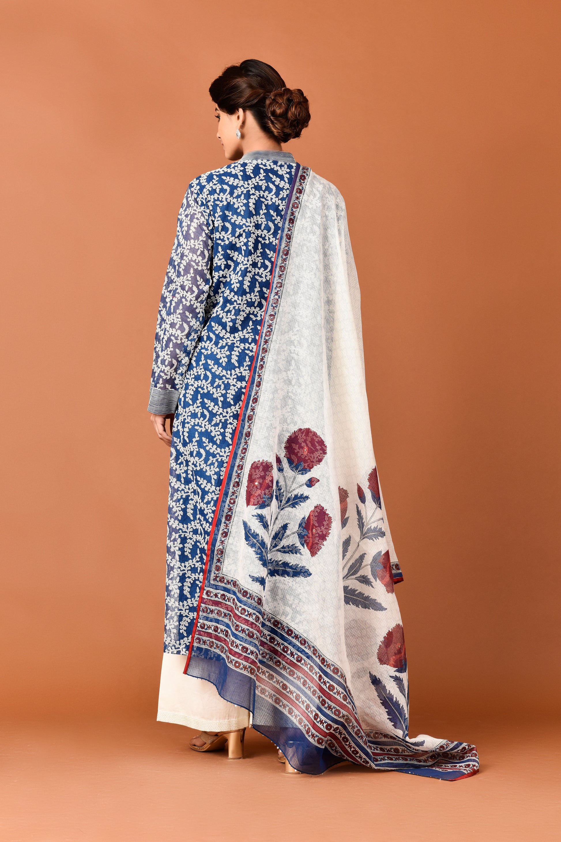 Banarasi Kota Gadh Print Leaf Jaal With Dori Embroidery With Palazzo & Dupatta Outfit - Indigo