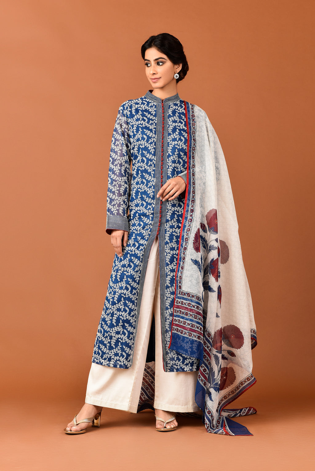 Banarasi Kota Gadh Print Leaf Jaal With Dori Embroidery With Palazzo & Dupatta Outfit - Indigo