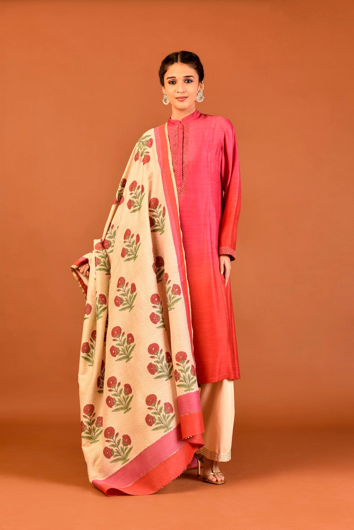 Ombre Munga Silk Tunic With Triangles Resham Embroidery And Munga Silk Printed Dupatta With Palazzo (3 Pcs/Set) Outfit