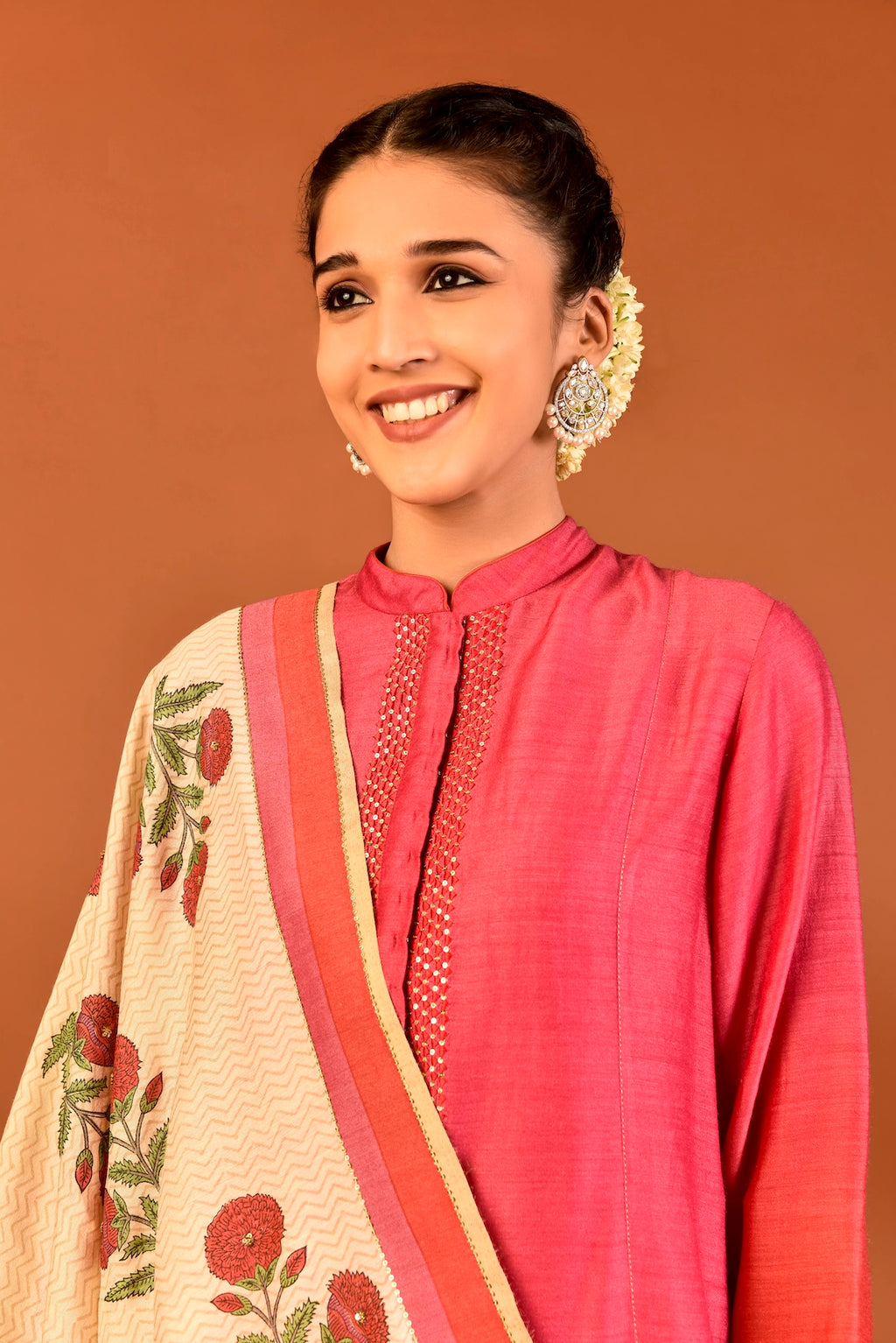 Ombre Munga Silk Tunic With Triangles Resham Embroidery And Munga Silk Printed Dupatta With Palazzo (3 Pcs/Set) Outfit