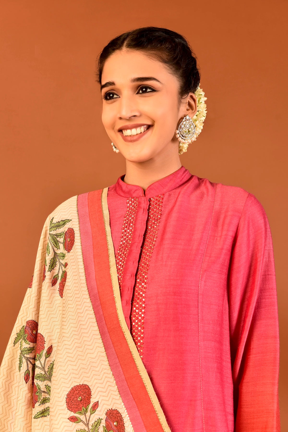 Ombre Munga Silk Tunic With Triangles Resham Embroidery And Munga Silk Printed Dupatta With Palazzo (3 Pcs/Set) Outfit