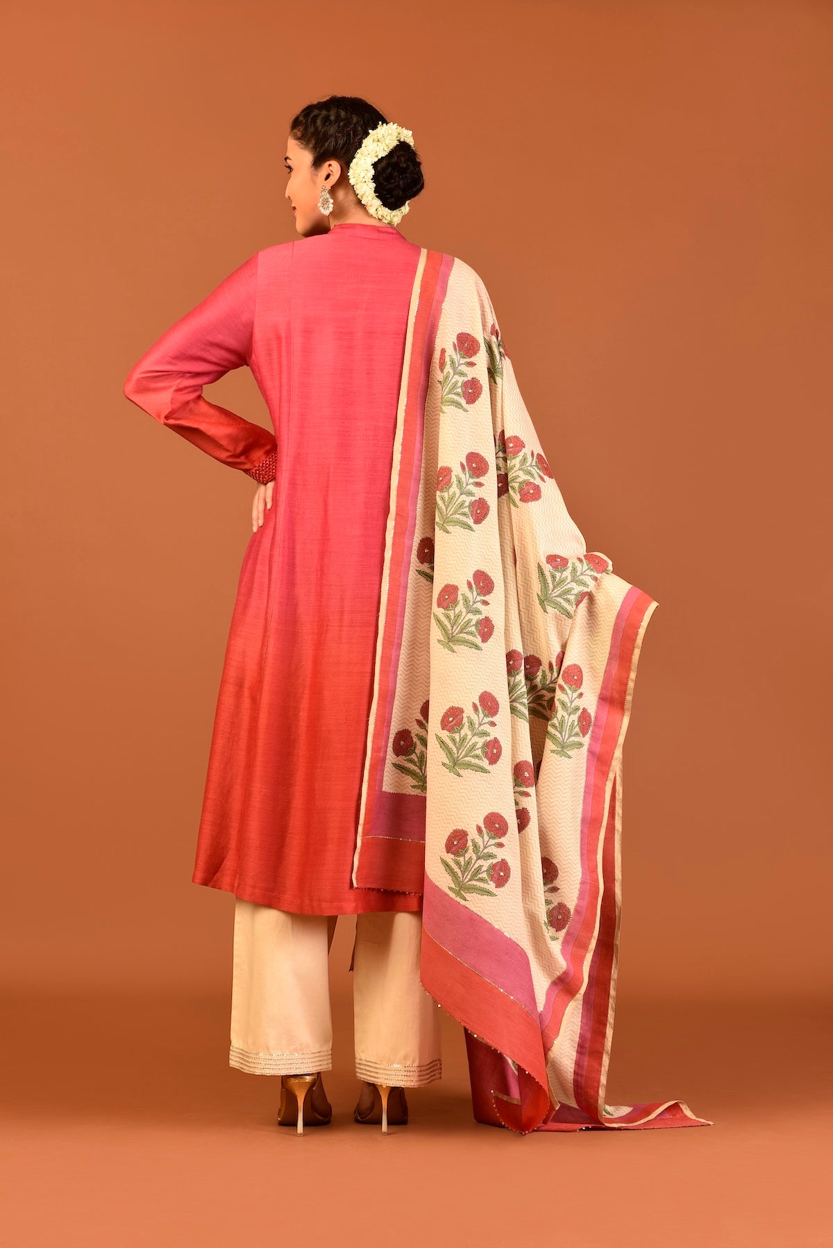 Ombre Munga Silk Tunic With Triangles Resham Embroidery And Munga Silk Printed Dupatta With Palazzo (3 Pcs/Set) Outfit