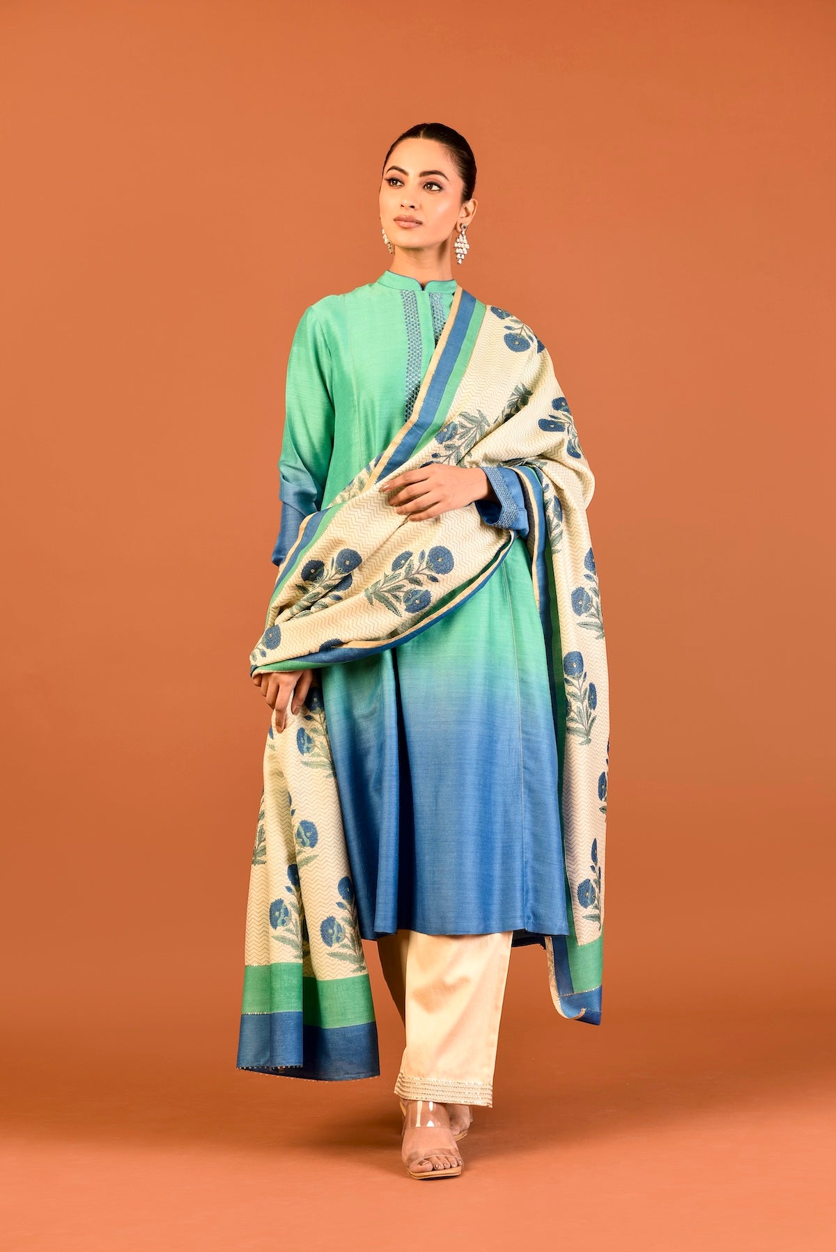 Ombrey Munga Silk Tunic With Triangles Resham Embroidery And Munga Silk Printed Dupatta With Palazzo (3 Pcs/Set) Outfit