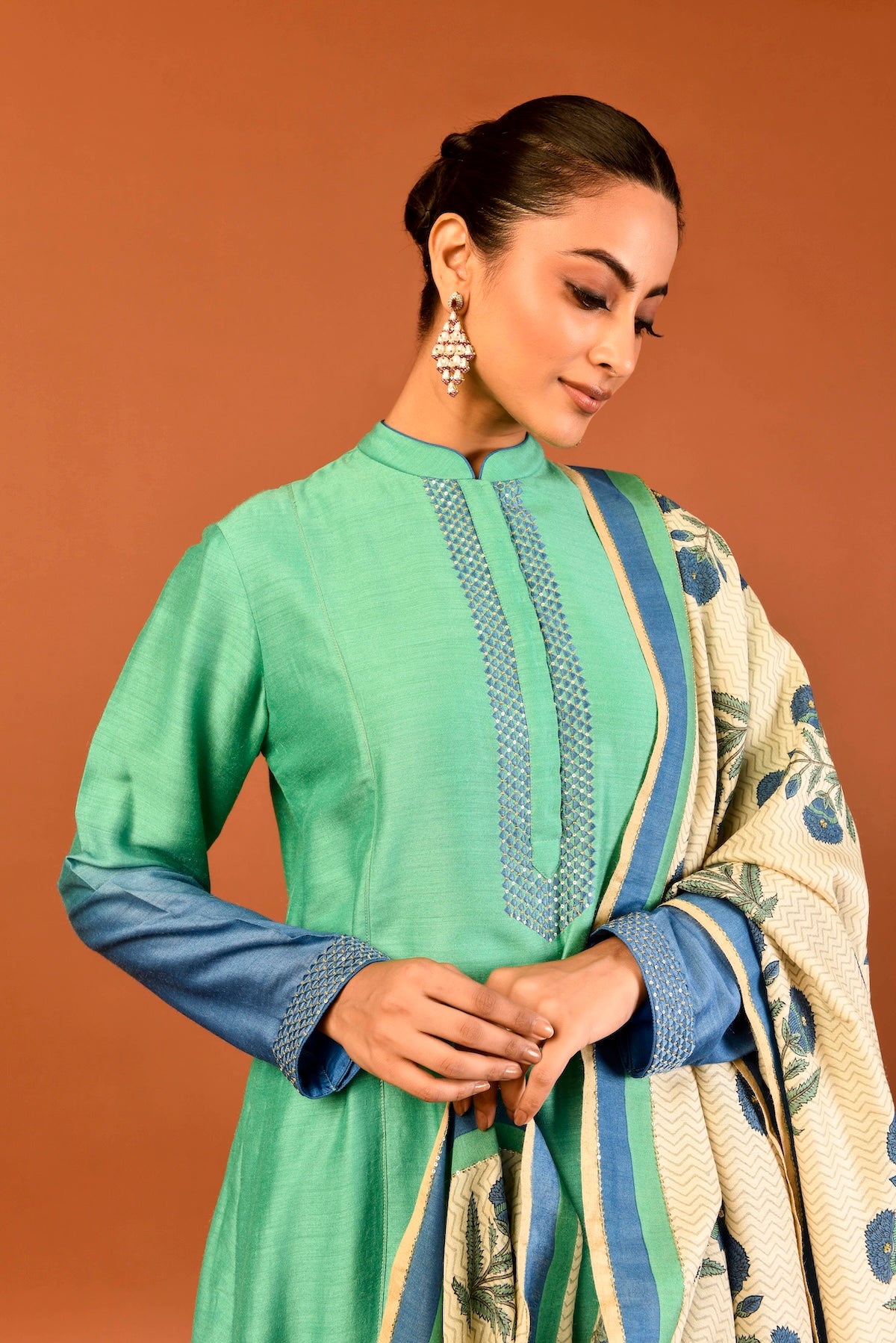 Ombrey Munga Silk Tunic With Triangles Resham Embroidery And Munga Silk Printed Dupatta With Palazzo (3 Pcs/Set) Outfit