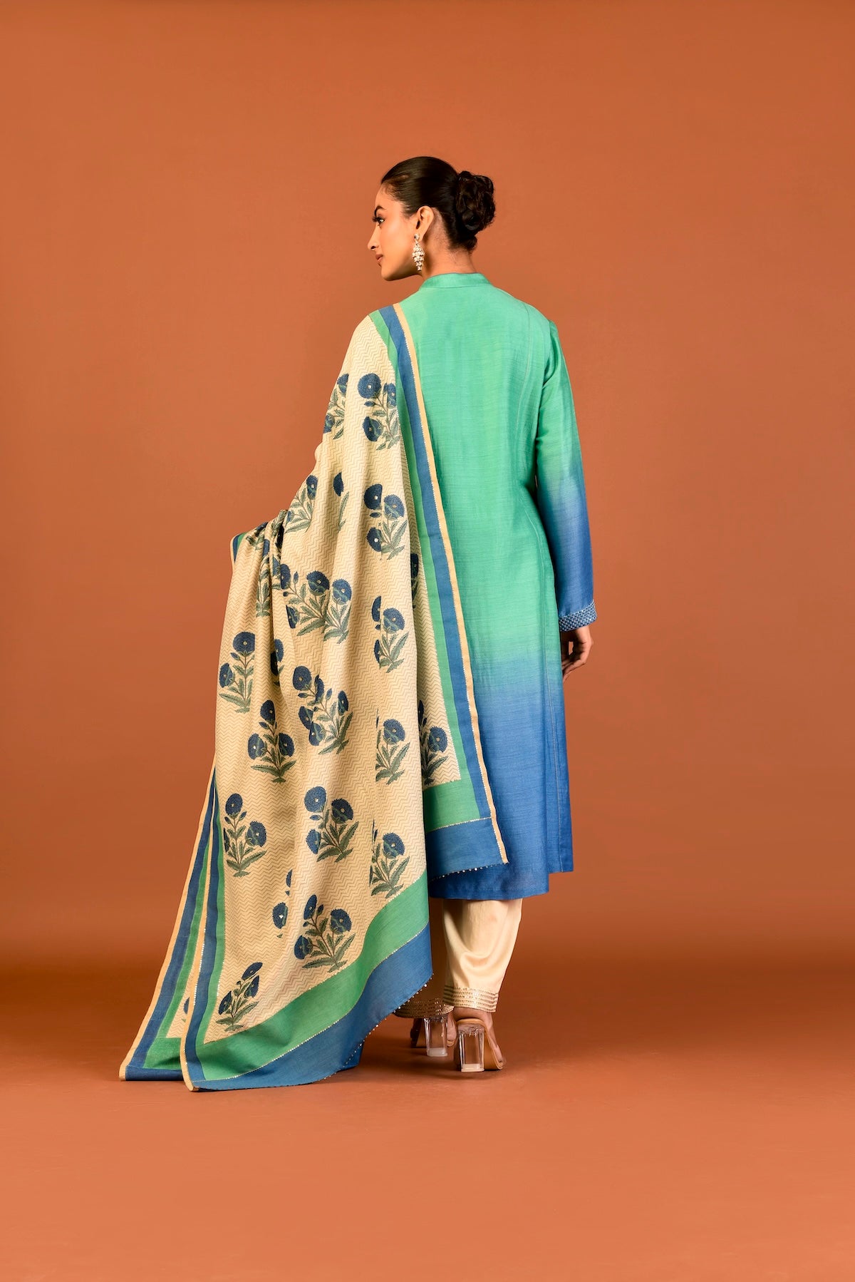 Ombrey Munga Silk Tunic With Triangles Resham Embroidery And Munga Silk Printed Dupatta With Palazzo (3 Pcs/Set) Outfit