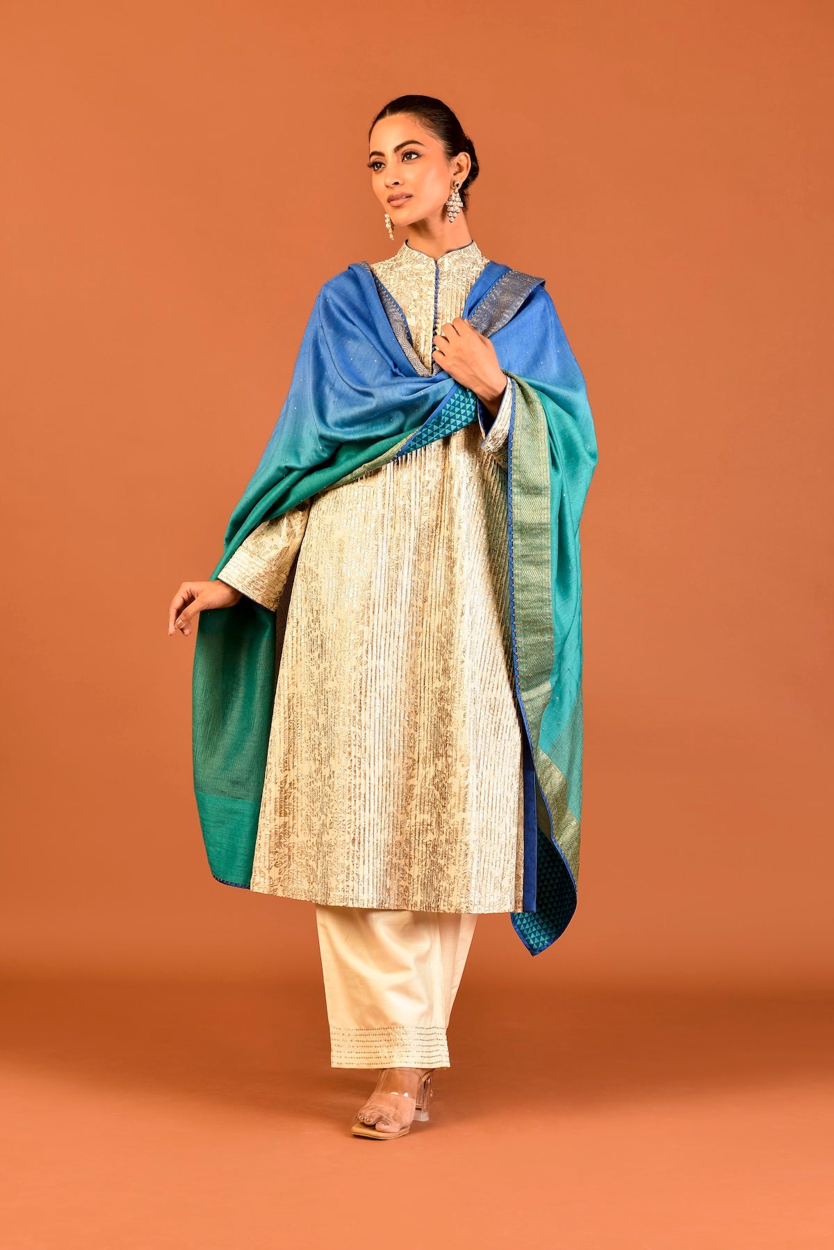 Kota Silk Tunic Self Pintuck With Floral Jaal Foil Print And Dupatta And Trouser (3Pcs/Set) Outfit