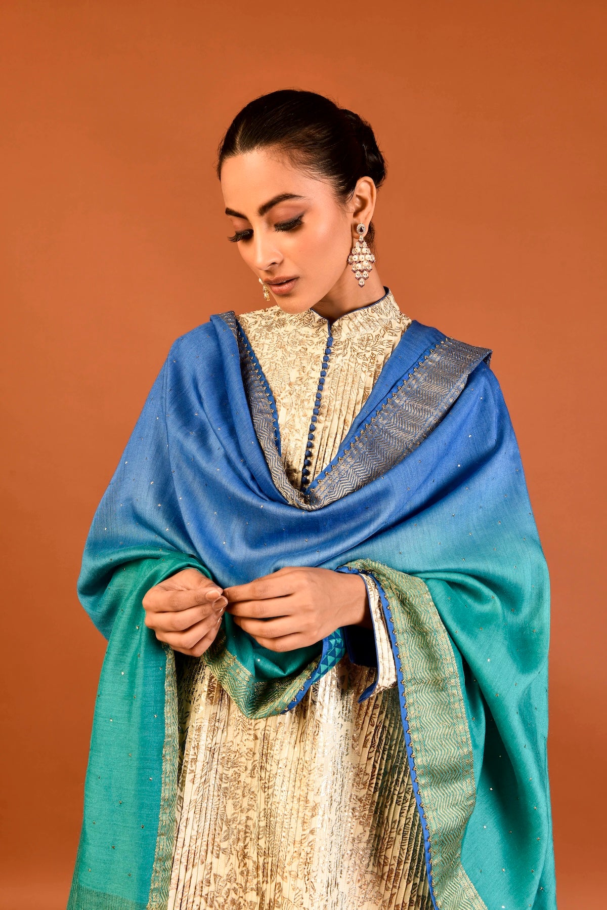 Kota Silk Tunic Self Pintuck With Floral Jaal Foil Print And Dupatta And Trouser (3Pcs/Set) Outfit