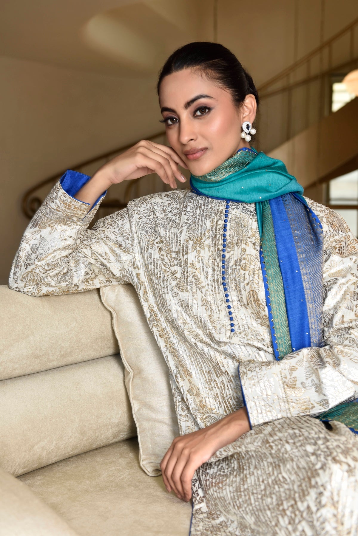 Kota Silk Tunic Self Pintuck With Floral Jaal Foil Print And Dupatta And Trouser (3Pcs/Set) Outfit