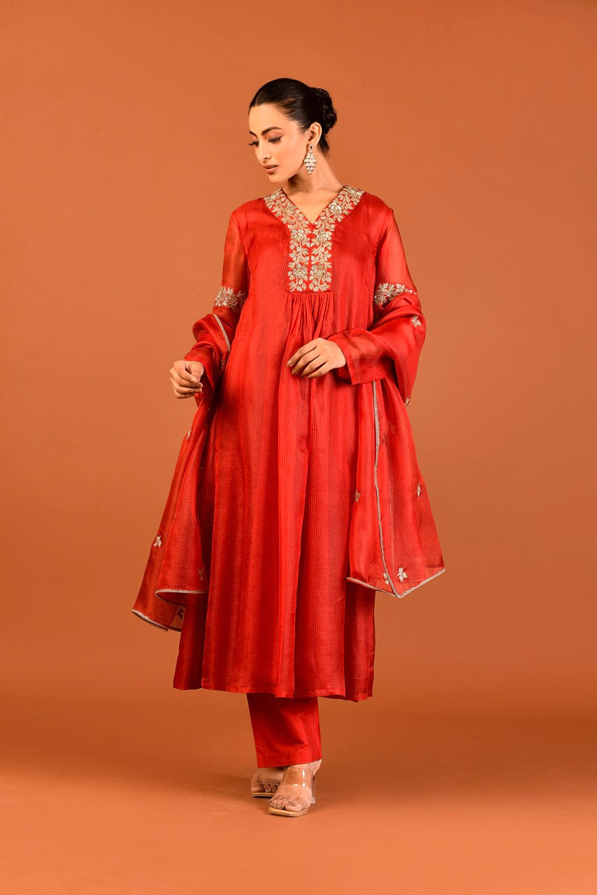 Kota Silk 3-Piece Tunic Set with Embroidered Dupatta – Red Outfit