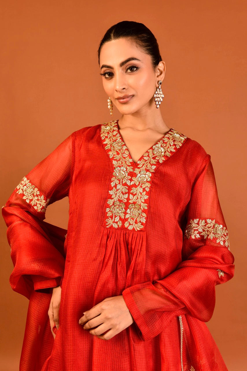 Kota Silk 3-Piece Tunic Set with Embroidered Dupatta – Red Outfit