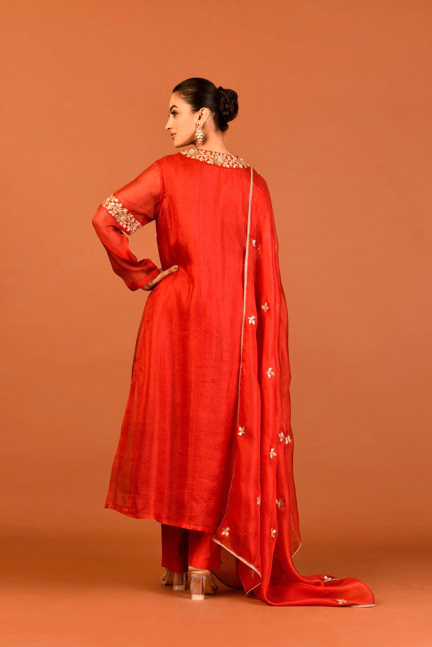Kota Silk 3-Piece Tunic Set with Embroidered Dupatta – Red Outfit