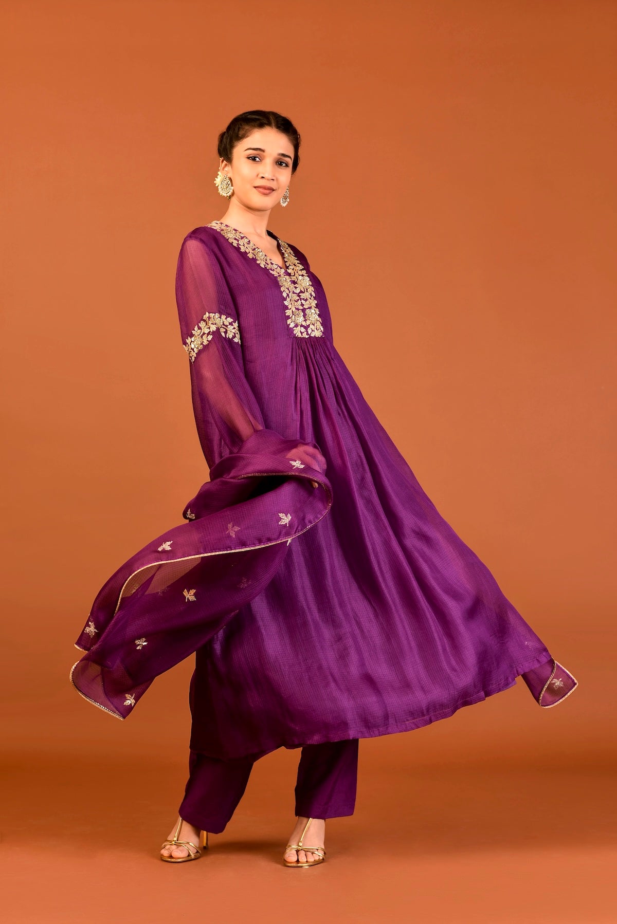 Kota Silk 3-Piece Tunic Set with Embroidered Dupatta – Purple