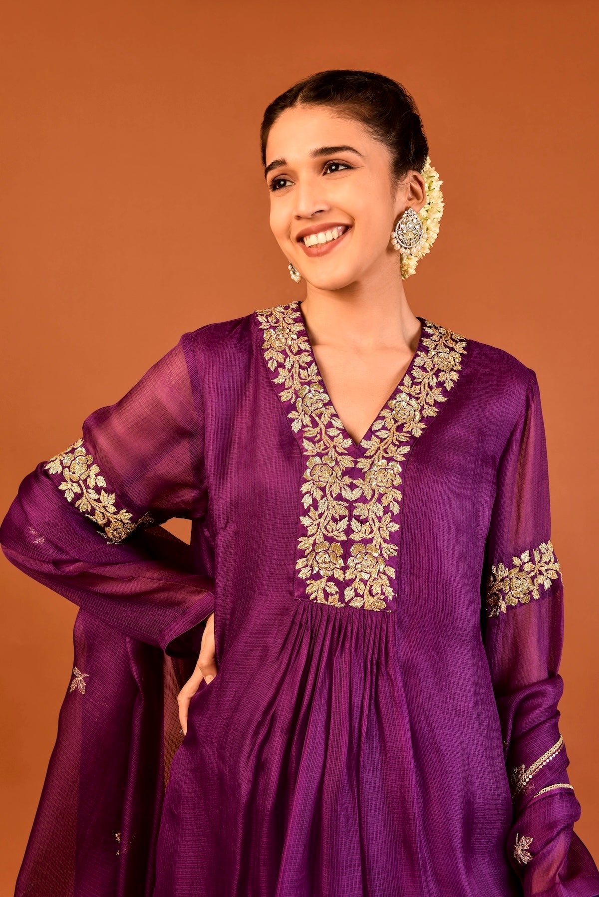 Kota Silk 3-Piece Tunic Set with Embroidered Dupatta – Purple