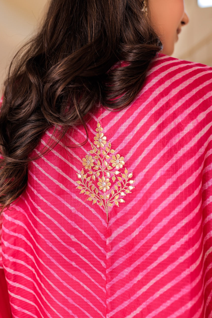 Kota Silk Leheriya Co-Ord Set with Embroidered Dupatta – Fuchsia
