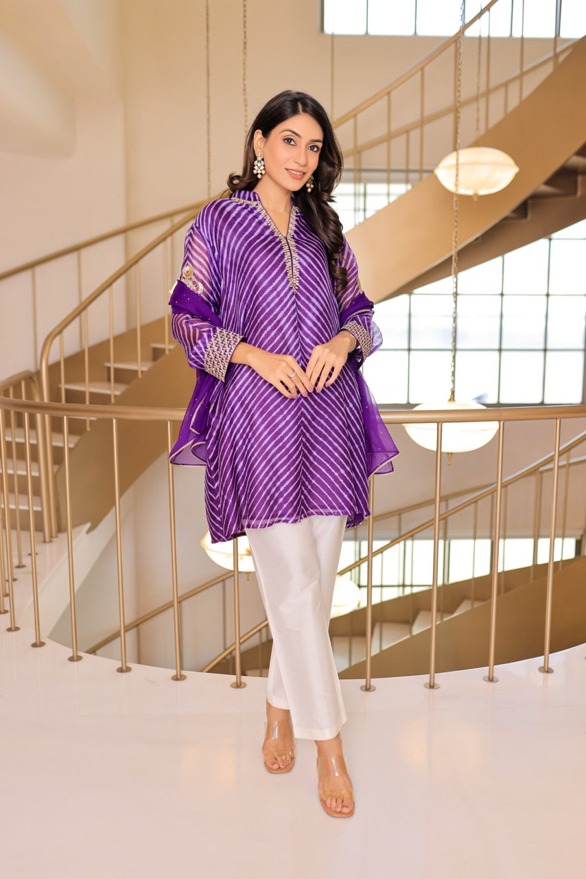 Kota Silk Leheriya Co-Ord Set with Scarf – Purple