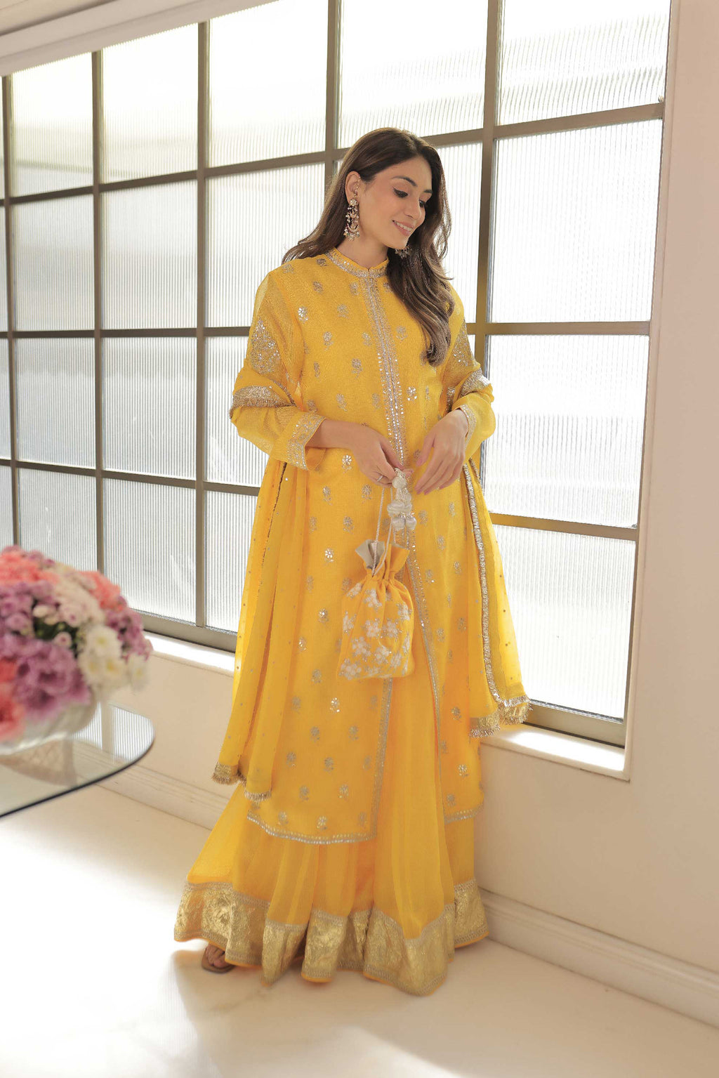 Kota Silk Gota Patti Phool Design Tunic With Skirt And Dupatta Outfit - Yellow