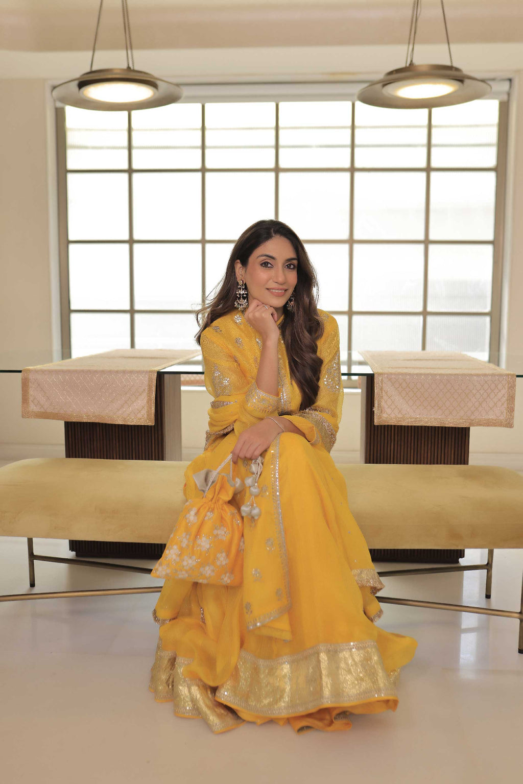 Kota Silk Gota Patti Phool Design Tunic With Skirt And Dupatta Outfit - Yellow