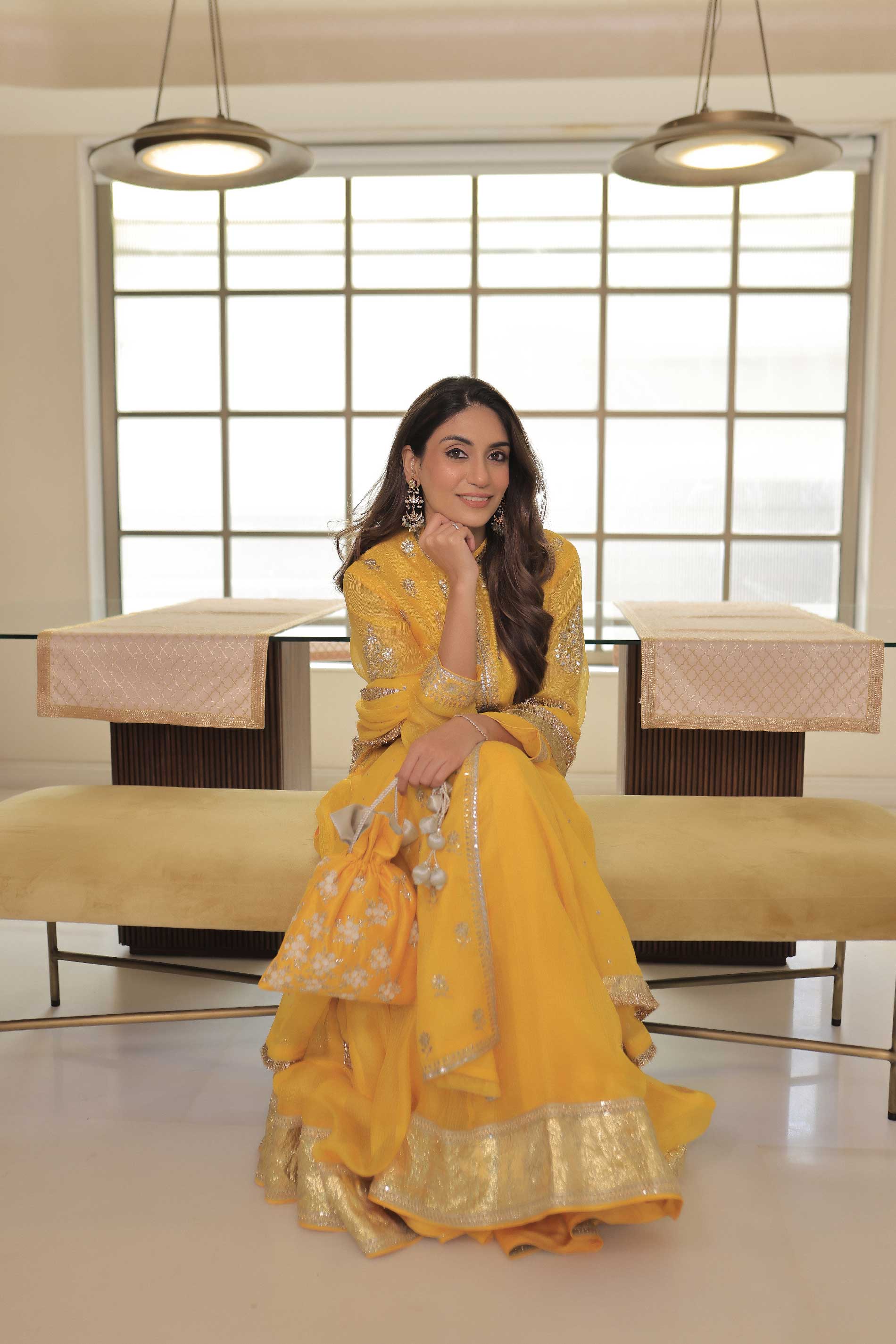 Kota Silk Gota Patti Phool Design Tunic With Skirt And Dupatta Outfit - Yellow