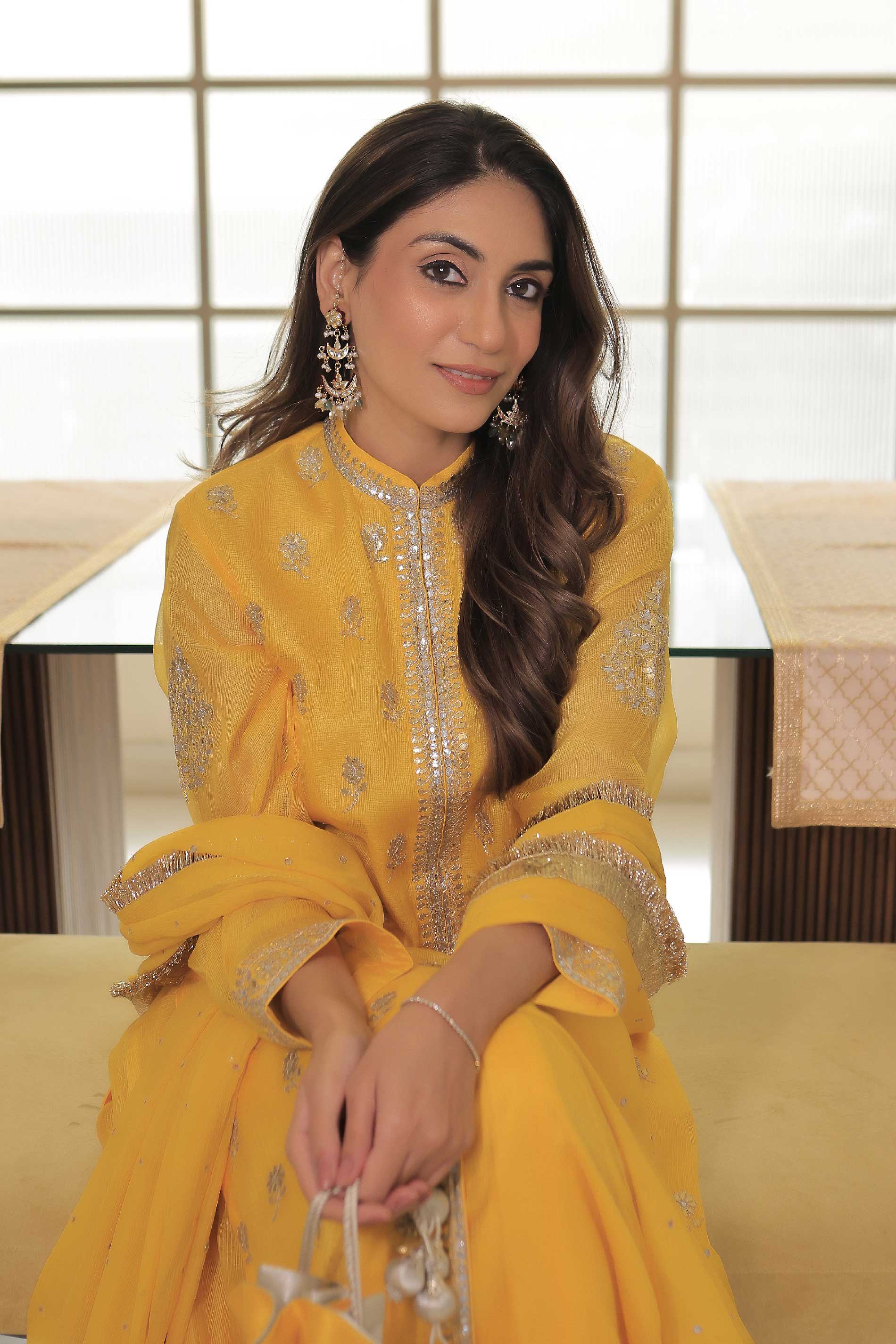 Kota Silk Gota Patti Phool Design Tunic With Skirt And Dupatta Outfit - Yellow