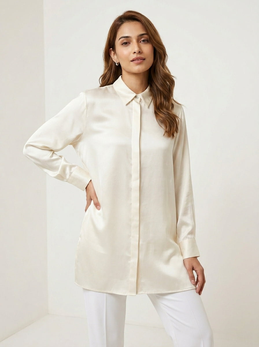 Satin Plain Shirt – Off White | Women's Luxe Everyday Wear