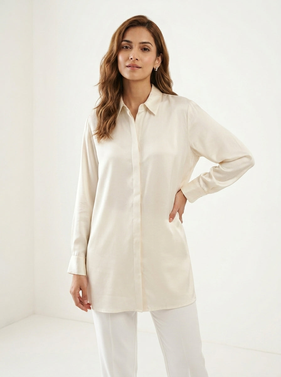 Satin Plain Shirt – Off White | Women's Luxe Everyday Wear