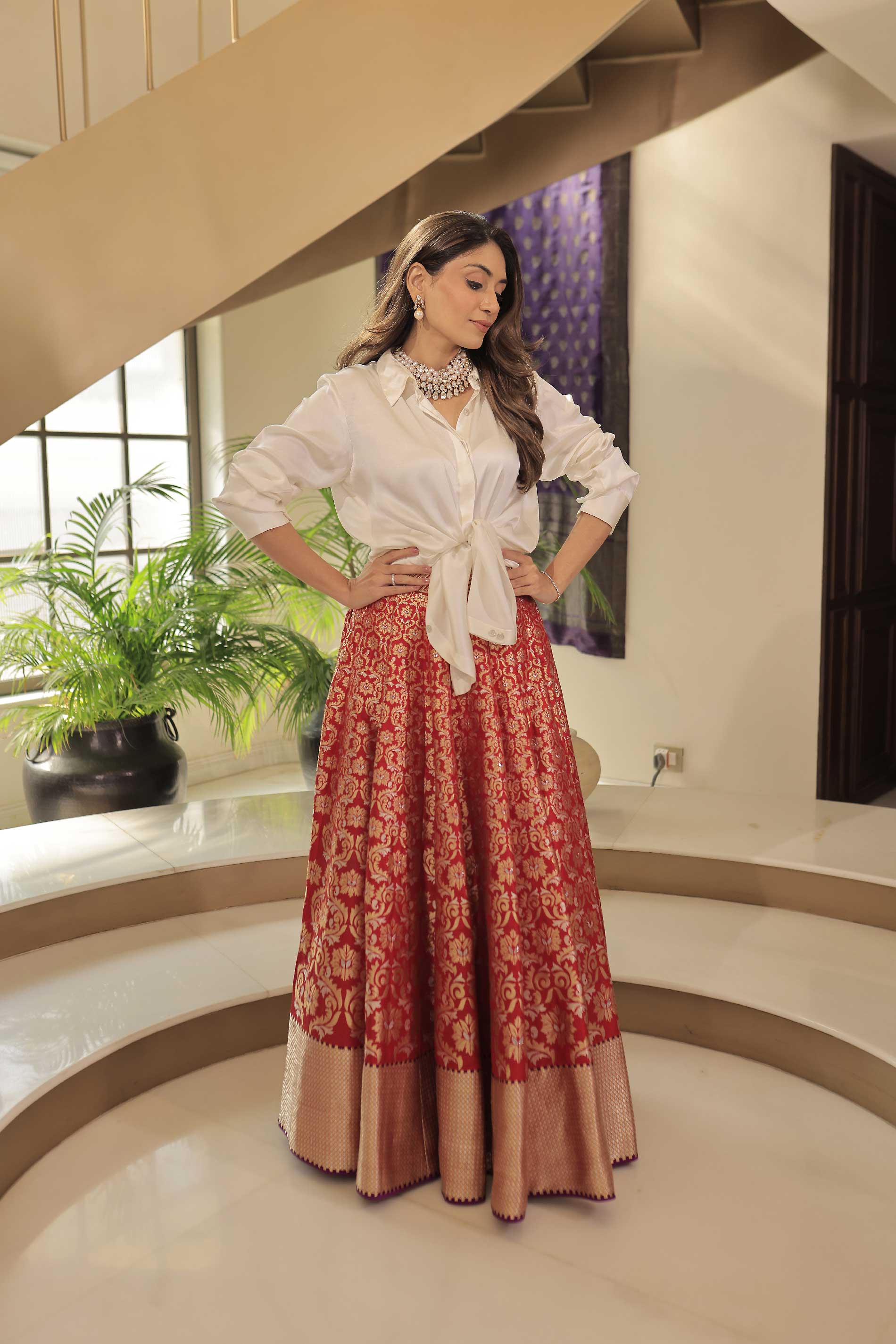 Banaras Woven Ultakatori Jaal Panel Skirt Red And Satin Silk Shirt white Outfit