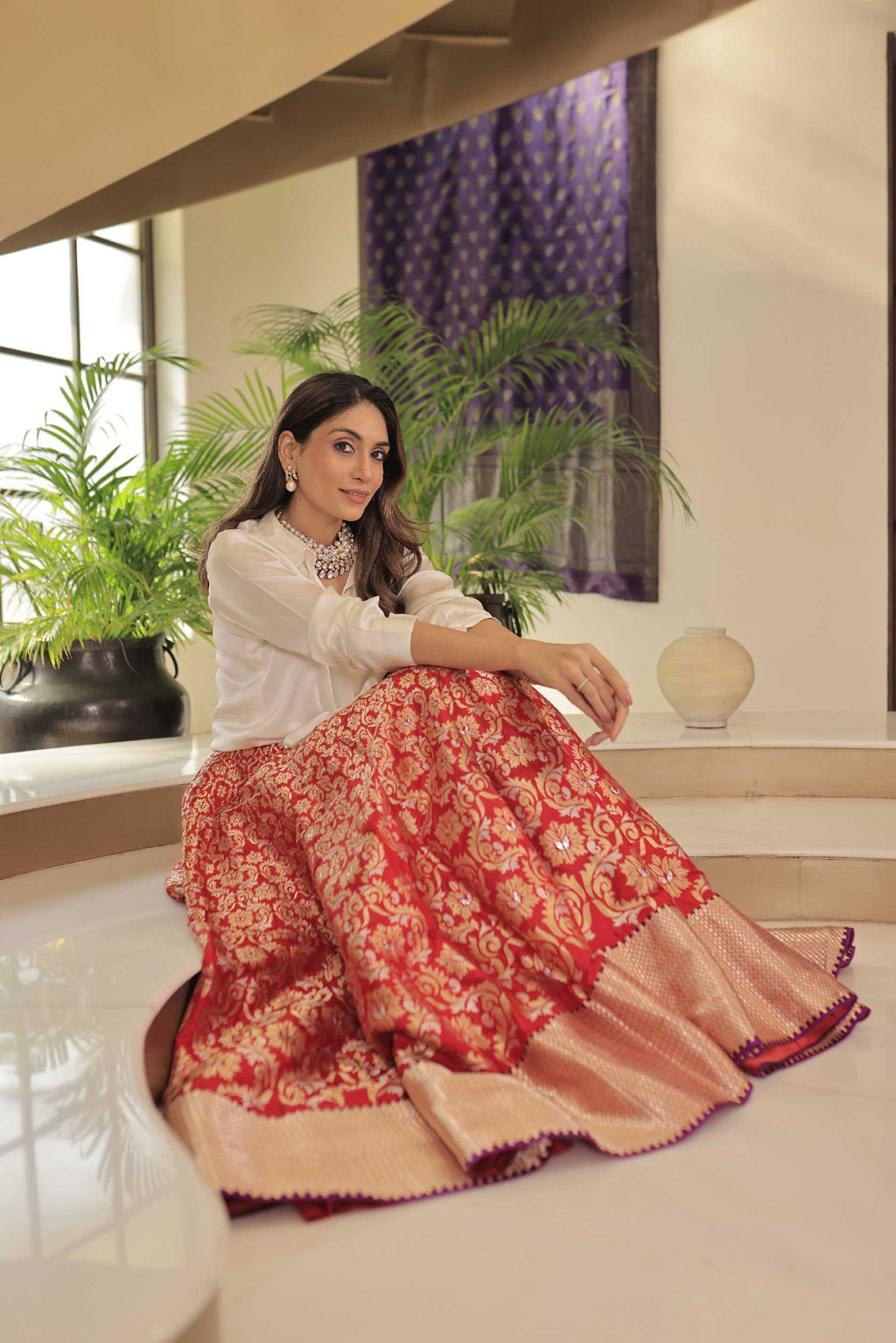 Banaras Woven Ultakatori Jaal Panel Skirt Red And Satin Silk Shirt white Outfit