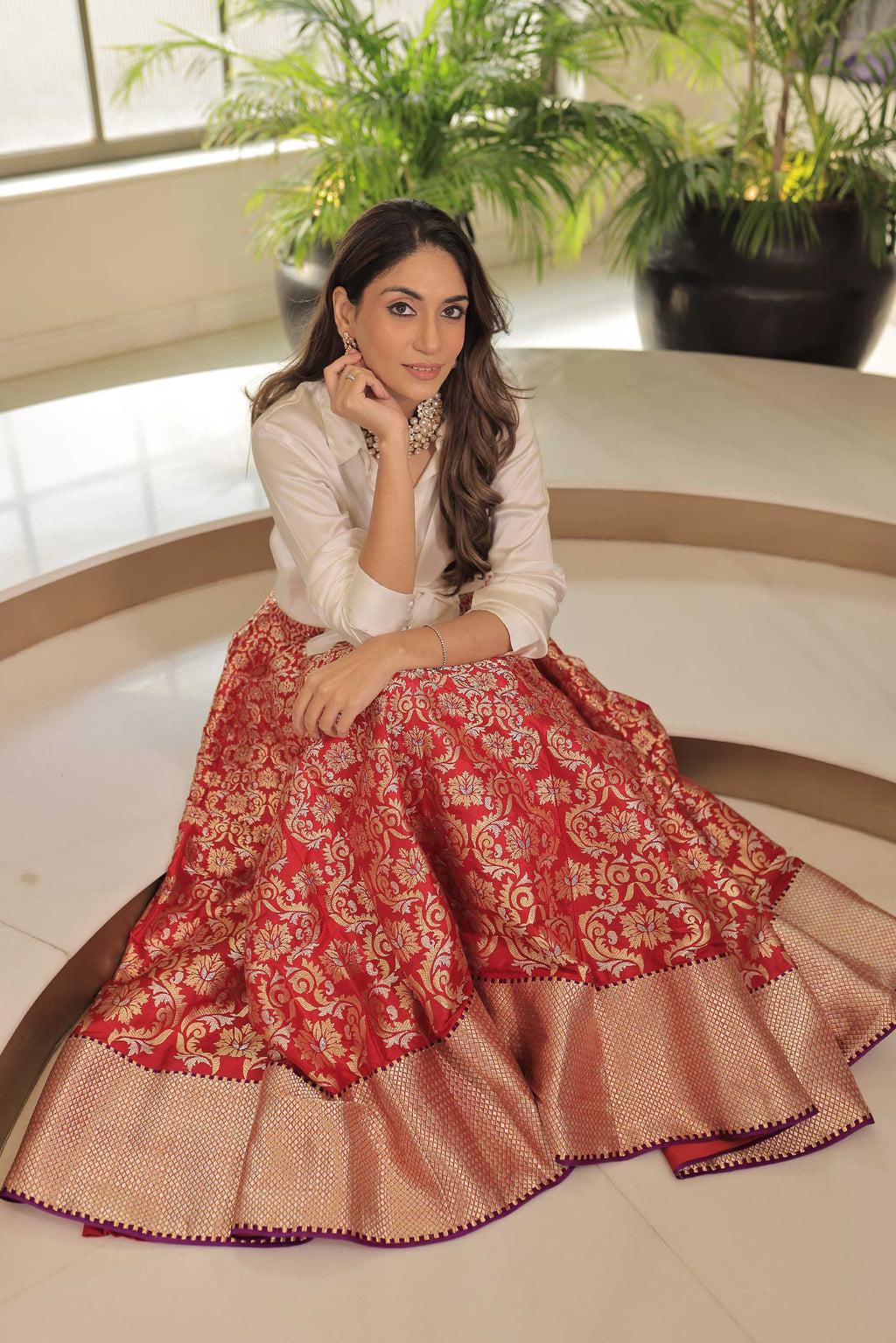 Banaras Woven Ultakatori Jaal Panel Skirt Red And Satin Silk Shirt white Outfit