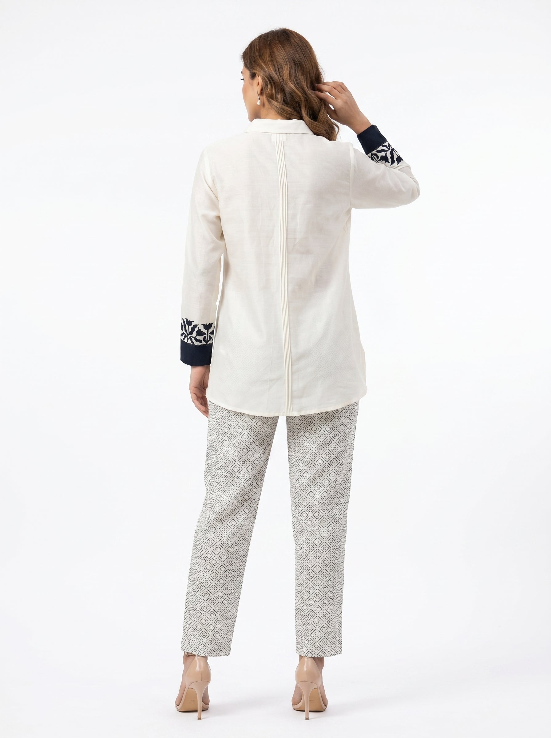 Chanderi Geometric Tulip Border Applique Embroidery Shirt & Printed Cotton Silk Trouser Co-ord Set – Off White | Women's Designer Ethnic Wear