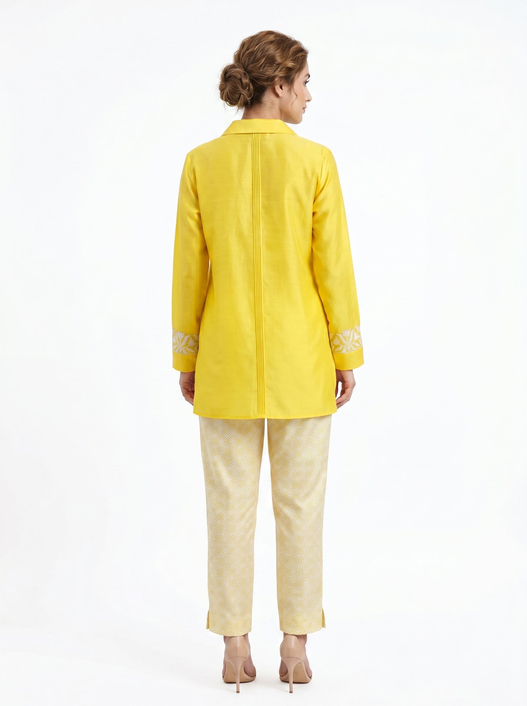 Chanderi Geometric Tulip Border Applique Embroidery Shirt & Printed Cotton Silk Trouser Co-ord Set – Yellow & Off White | Women's Designer Ethnic Wear