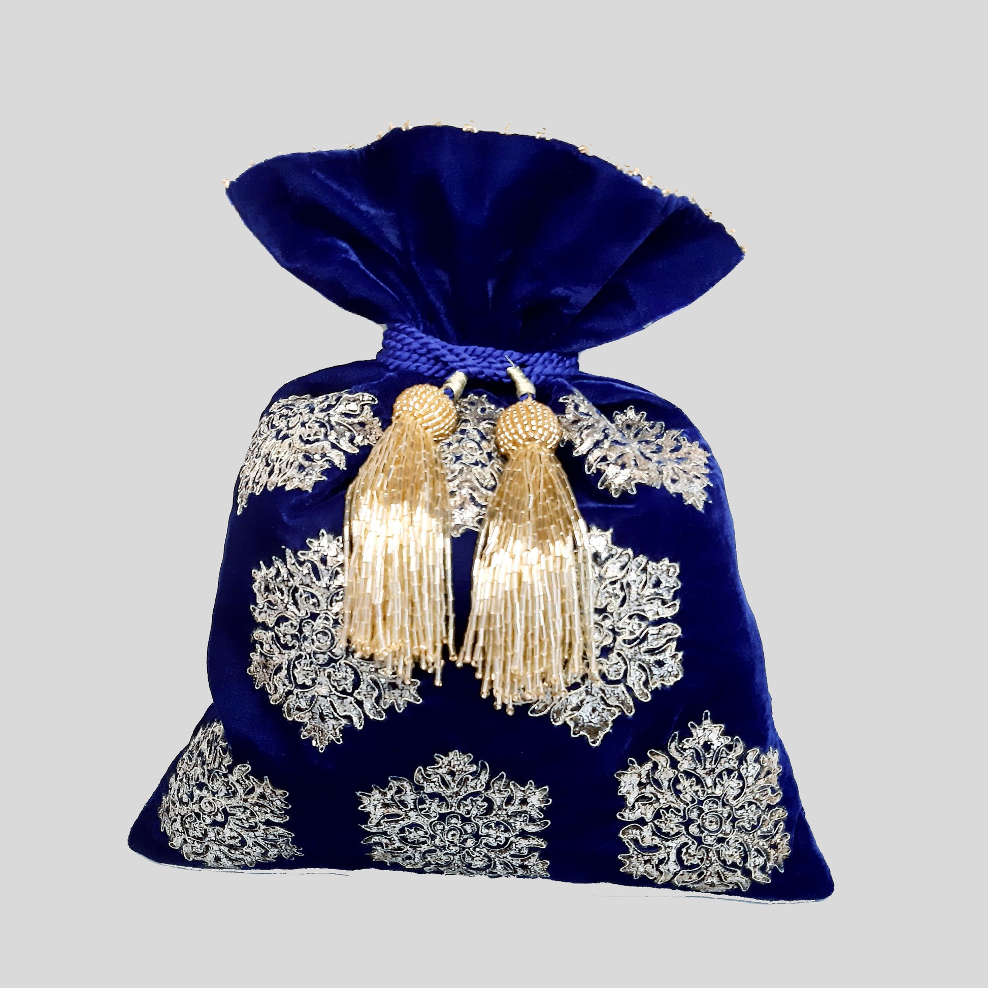 Velvet Potli Foil Print With Dori Embroidery Hexagon Blue Buta