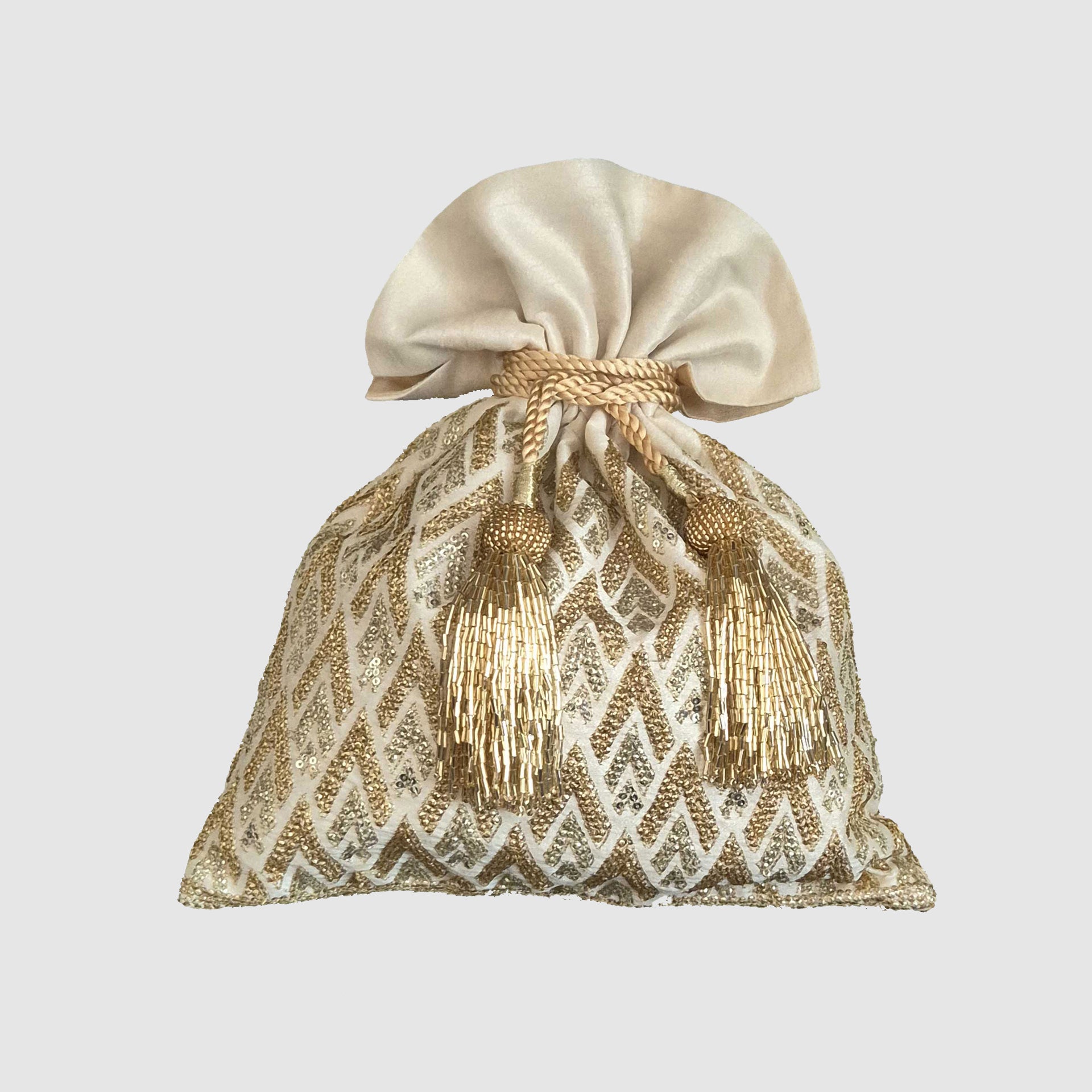 Dupion Silk Pinnacle Design Embroidery Potli - Ivory