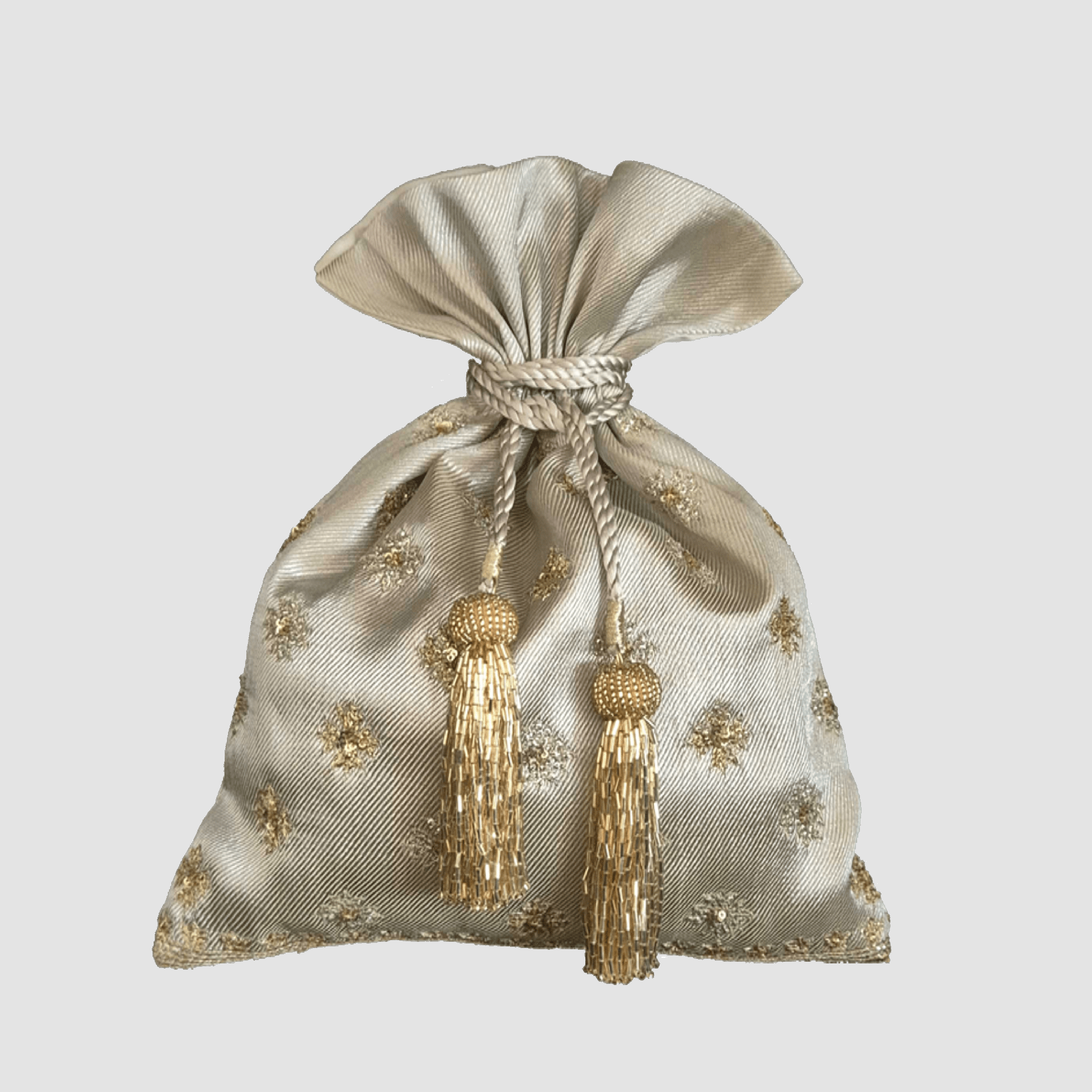 Brocade Flower Blooming Embroidery Potli - Silver