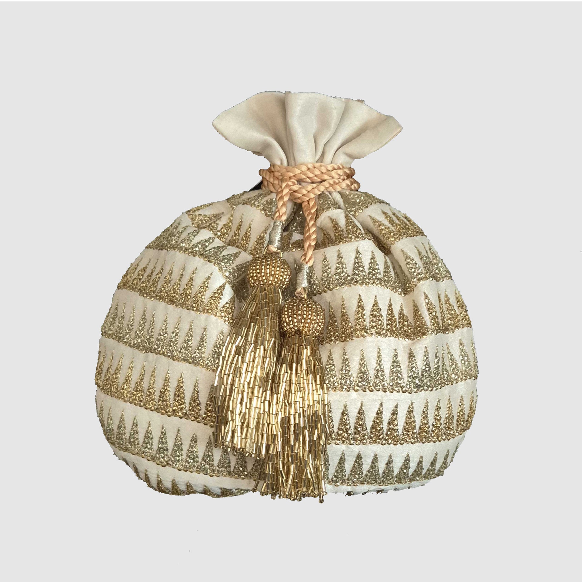 Dupion Silk Matka Temple Border Embroidery Potli - Ivory