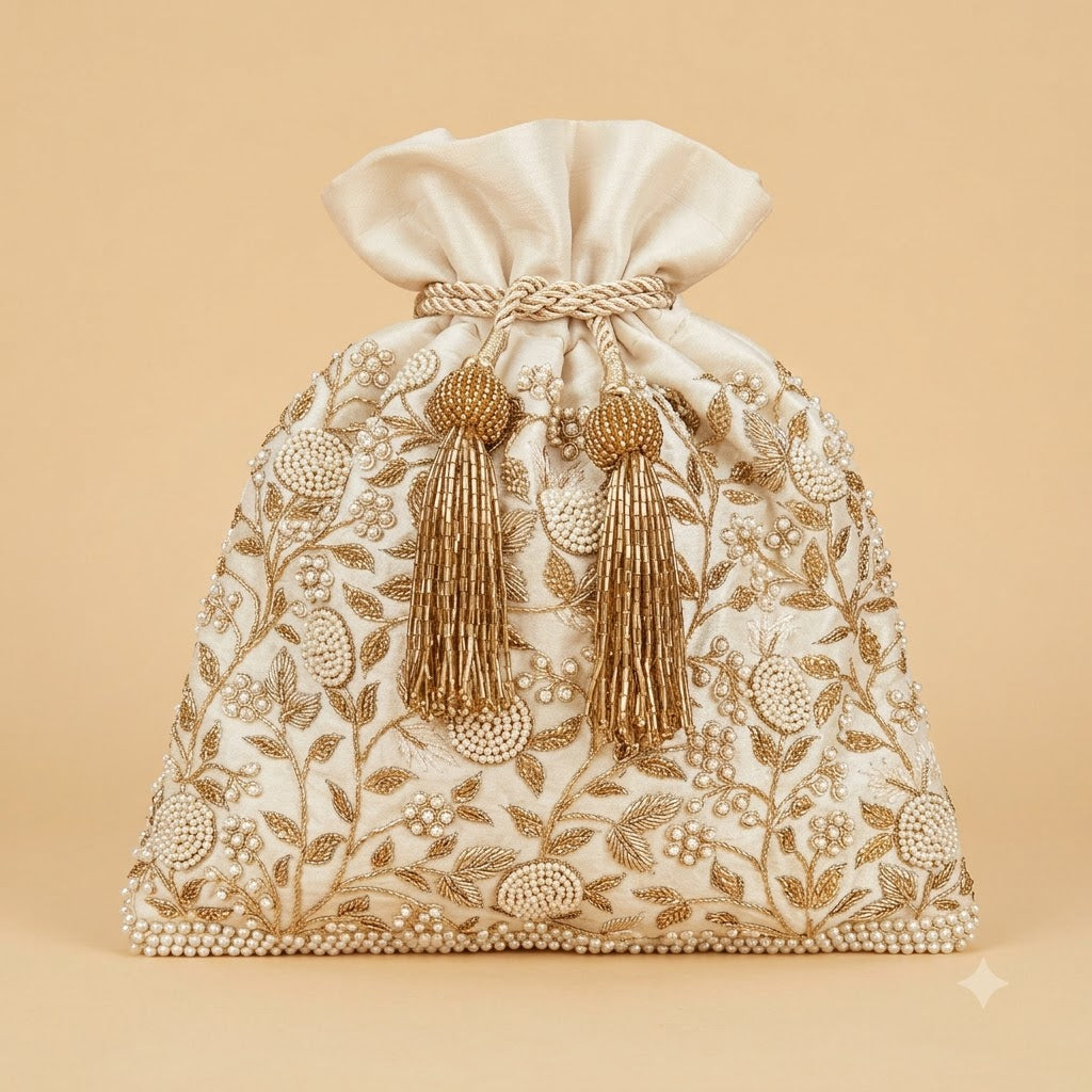Dupion Silk Potli – Ivory | Pearl & Dapka Embroidered Zardozi Floral Jaal with Pearl Border & Gold Bugle Bead Tassel Drawstring | Women’s Designer Festive Potli