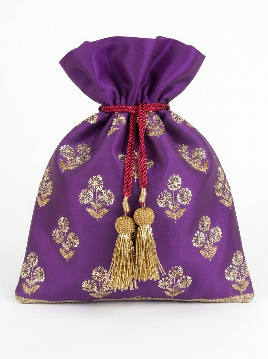 Dipion Silk Asharfi Flower Buti Embroidery Potli - Purple