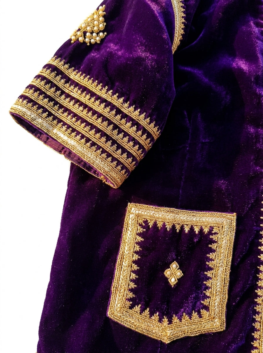 Velvet Dori Embroidery Small Flower Buti Jacket - Purple