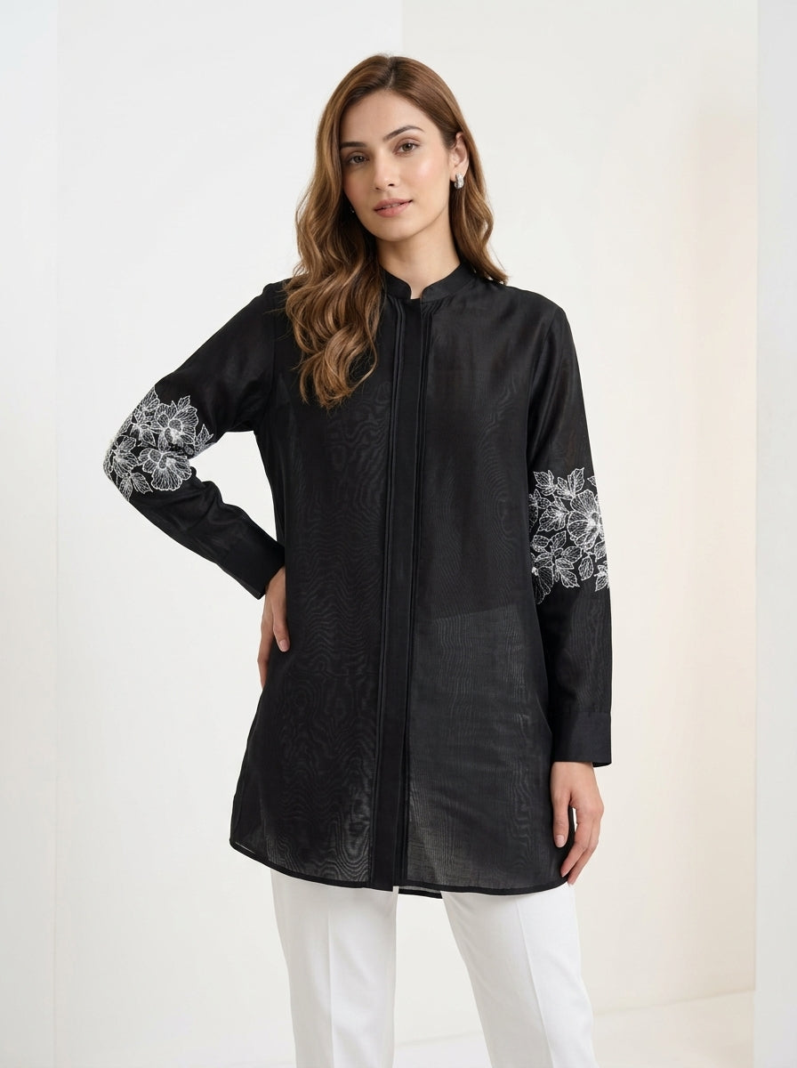 Chanderi Lace Blossom White Resham Embroidery Shirt – Black | Women's Designer Ethnic Wear