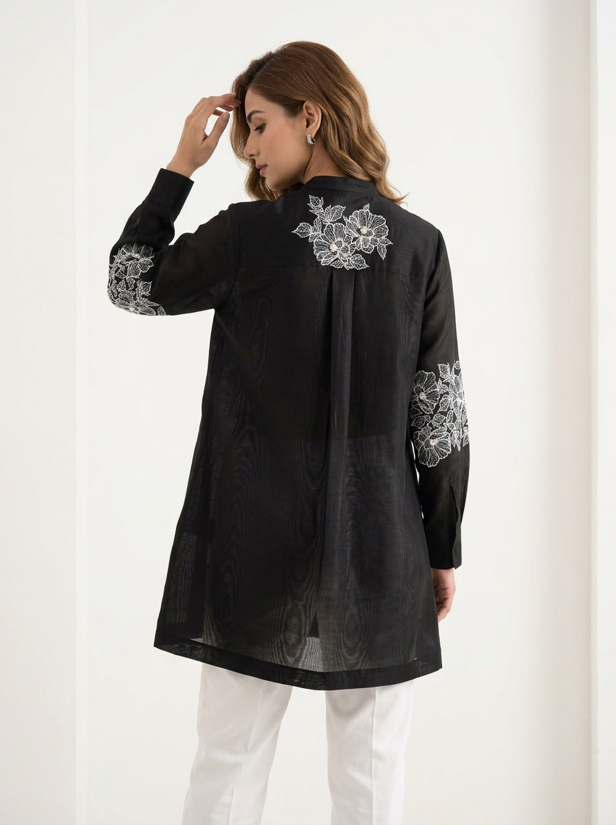 Chanderi Lace Blossom White Resham Embroidery Shirt – Black | Women's Designer Ethnic Wear