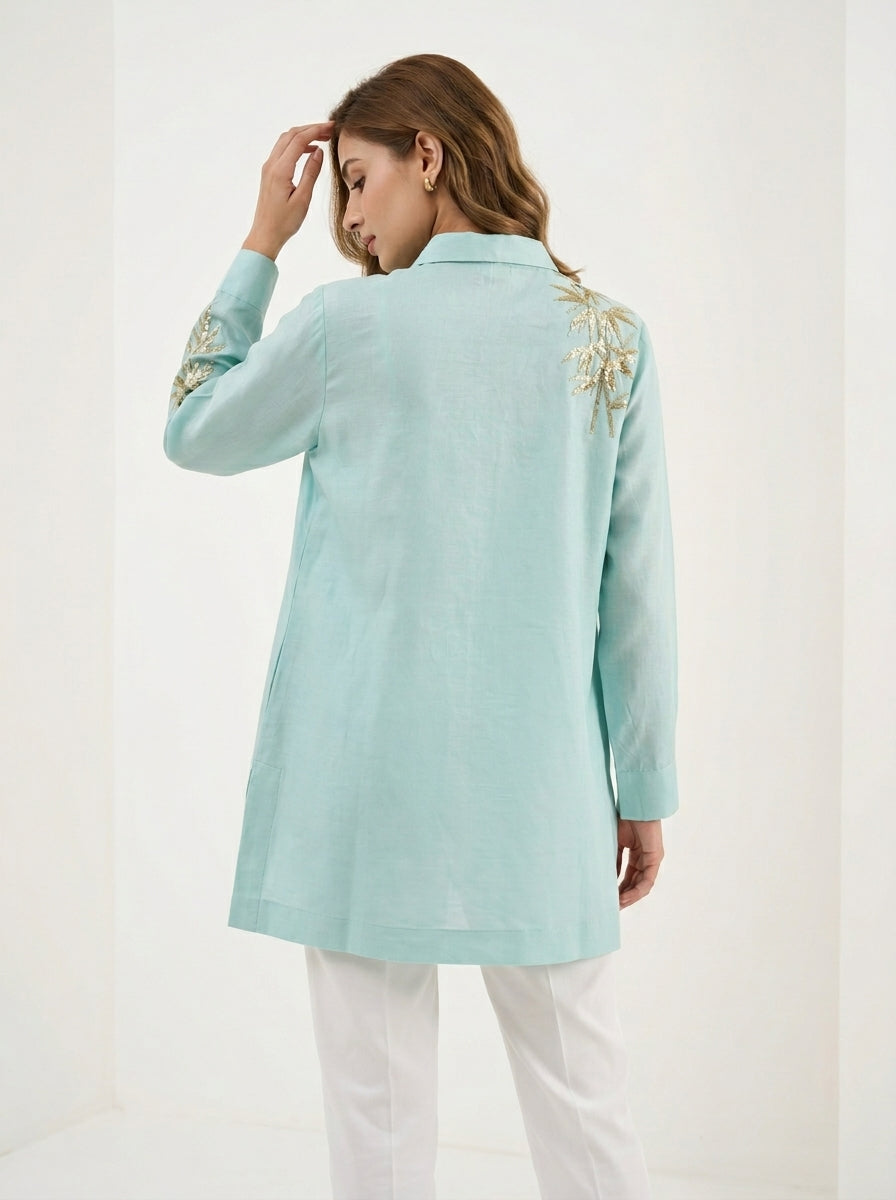 Chanderi Bamboo Embroidery Shirt – Sage Blue | Women's Designer Ethnic Wear