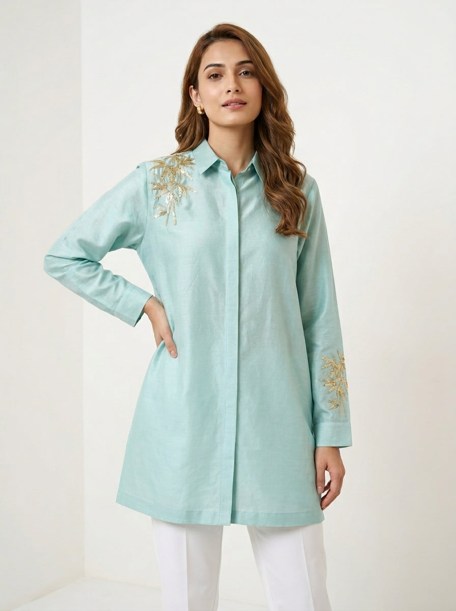 Chanderi Bamboo Embroidery Shirt – Sage Blue | Women's Designer Ethnic Wear