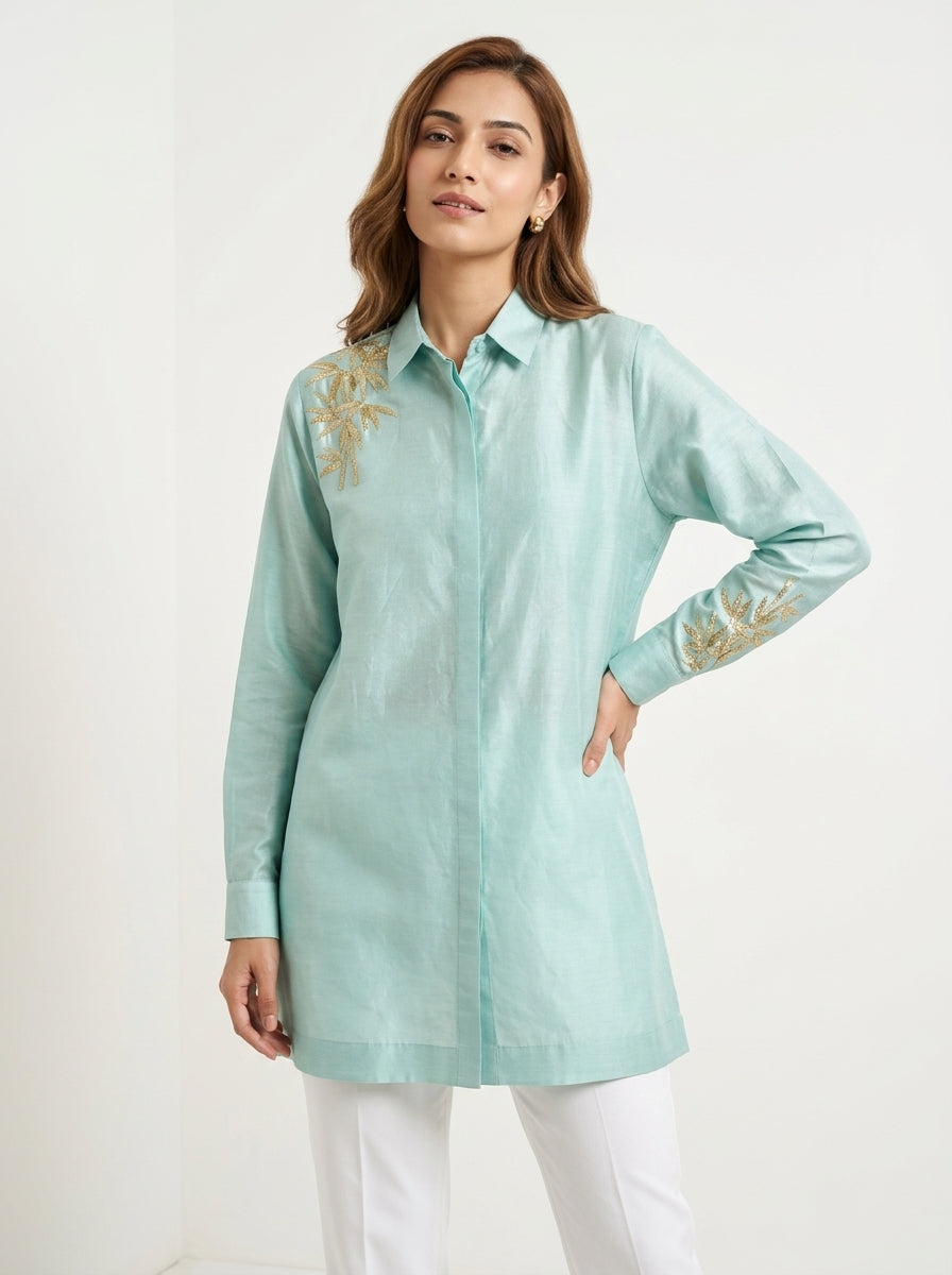 Chanderi Bamboo Embroidery Shirt – Sage Blue | Women's Designer Ethnic Wear