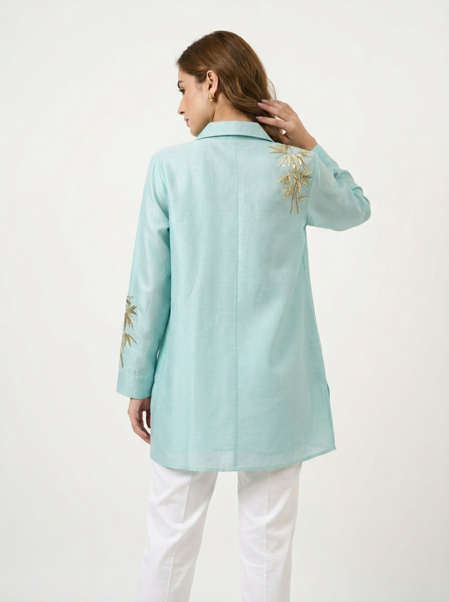 Chanderi Bamboo Embroidery Shirt – Sage Blue | Women's Designer Ethnic Wear