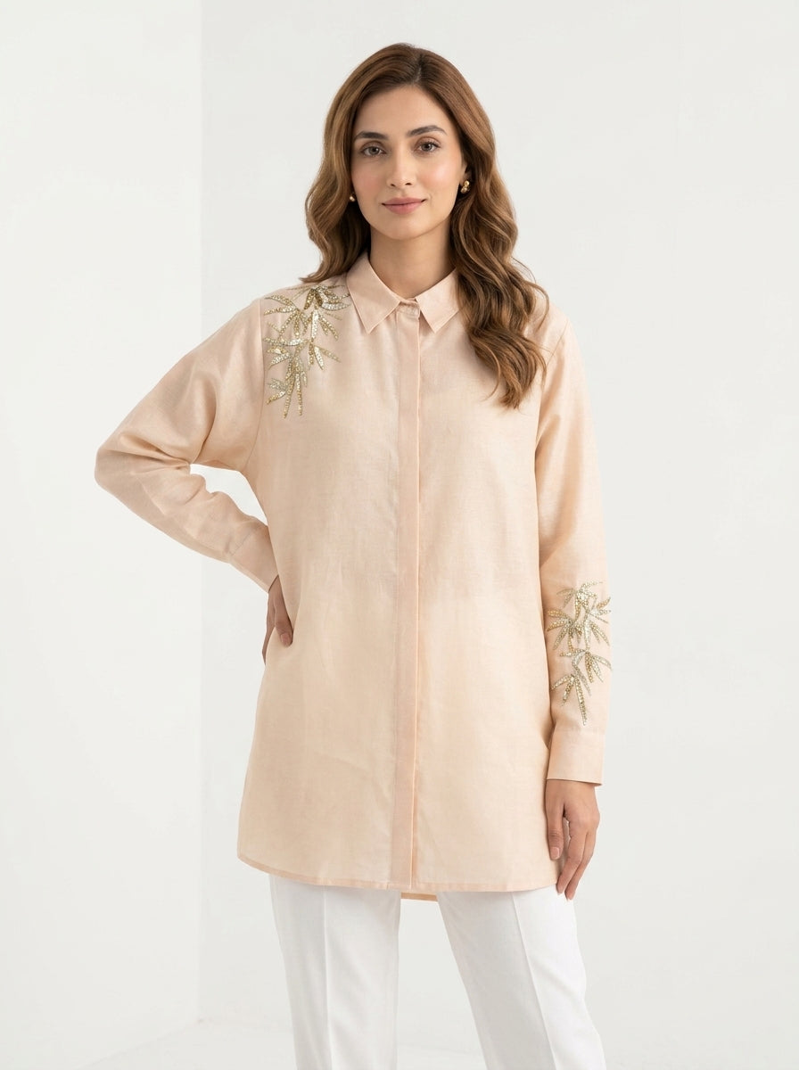 Chanderi Bamboo Embroidery Shirt – Light Beige | Women's Designer Ethnic Wear