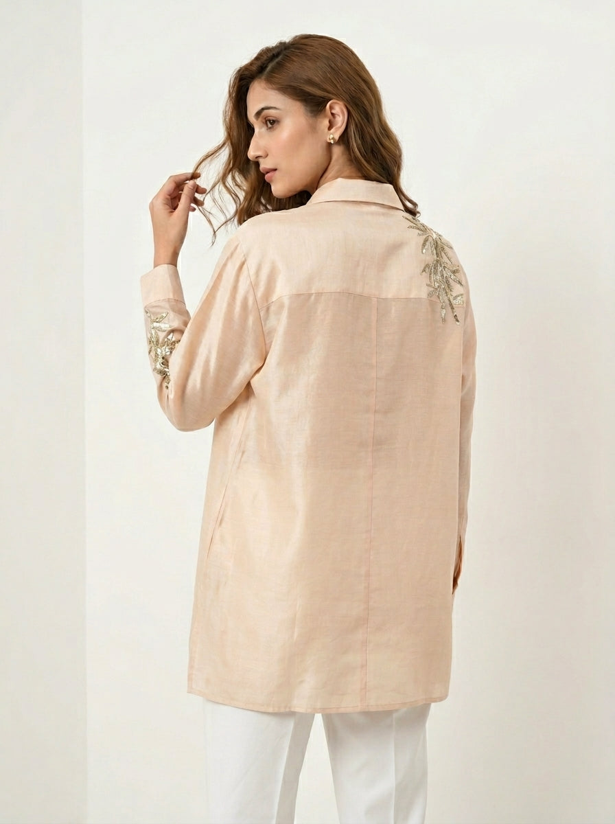 Chanderi Bamboo Embroidery Shirt – Light Beige | Women's Designer Ethnic Wear