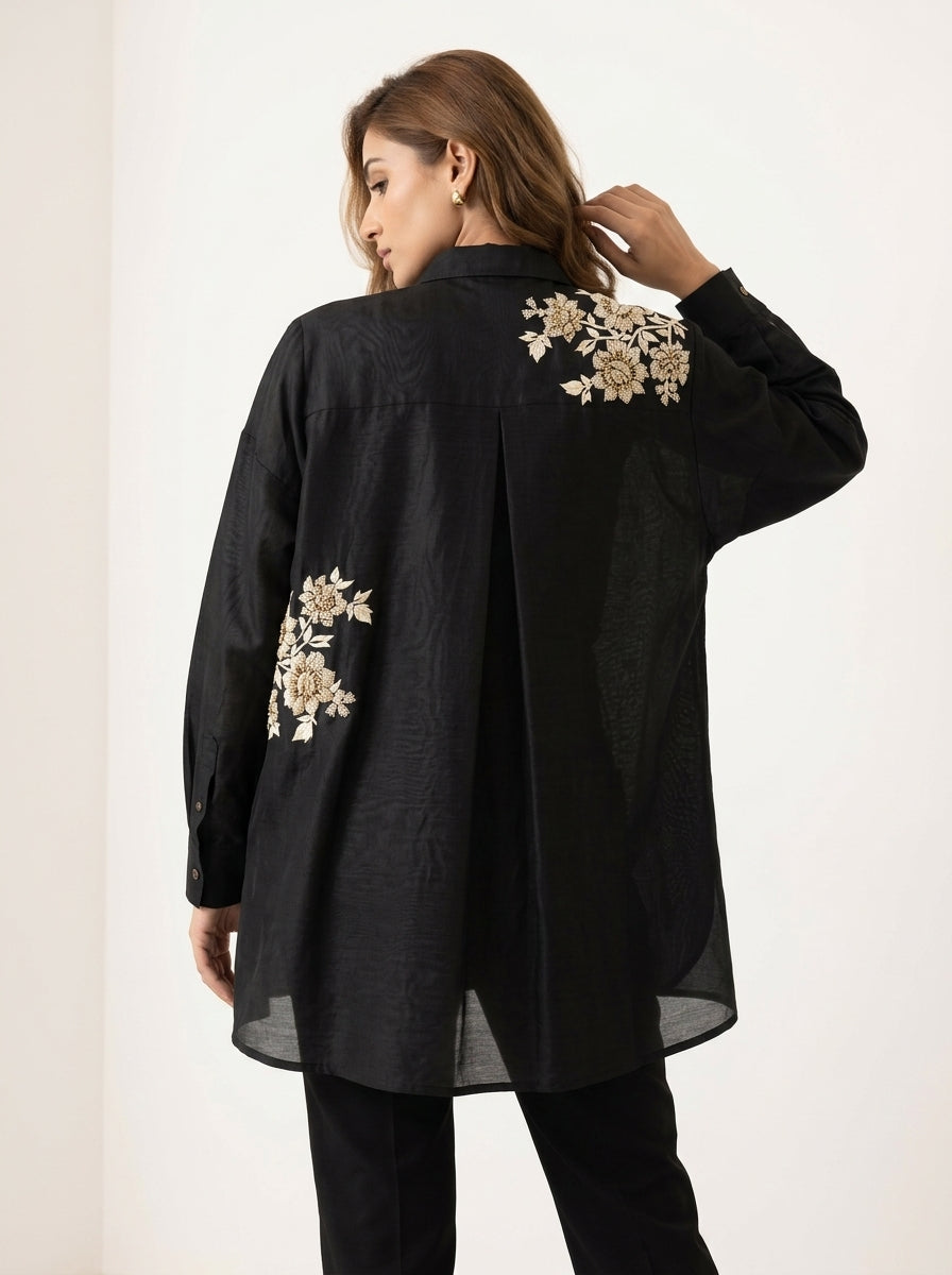 Chanderi French Knot Flower Placement Embroidery Shirt – Black | Women's Designer Ethnic Wear